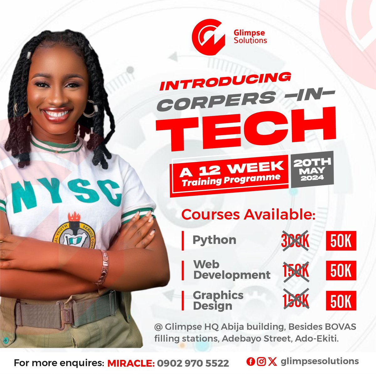 unlock your potentials with glimpse solutions' 12-weeks corpers training program! From python to web development and graphics. We've got you covered, join us and become a tech expert as a corp member! #CorpersInTech #GlimpseSolutions #EkitiCorpers