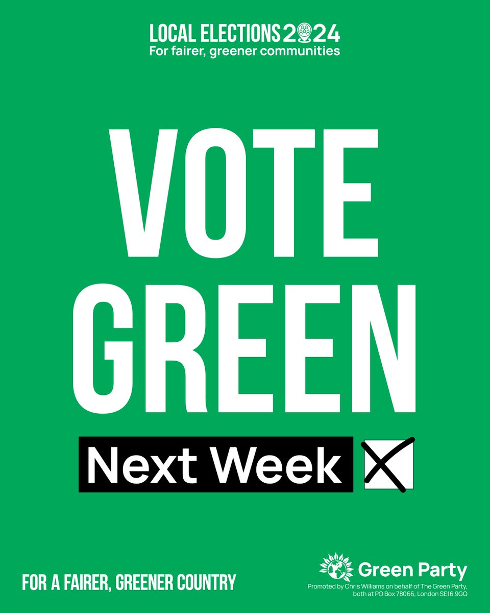 🗓️ Just one week to go until polling day! 💚 Across England and Wales, Greens are working hard every day to build fairer, greener communities. 🗳️ Vote Green on 2 May. #GetGreensElected