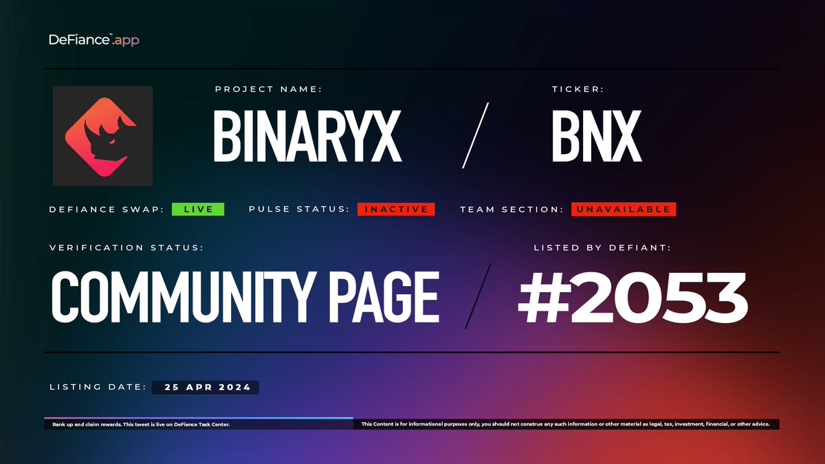 .@binary_x community page is now live on DeFiance.app/project/Binaryx. $BNX is now listed on #DeFianceSwap. BinaryX is a GameFi community that offers access to the limitless potential of the RPG Metaverse via Cyber Series & IGO platform. Learn more at: users.DeFiance.app.…