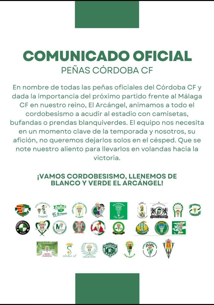 SelectosCCF (@selectosccf) on Twitter photo 📰 𝗖𝗢𝗠𝗨𝗡𝗜𝗖𝗔𝗗𝗢 𝗢𝗙𝗜𝗖𝗜𝗔𝗟
Las 𝘗𝘦𝘯̃𝘢𝘴 𝘖𝘧𝘪𝘤𝘪𝘢𝘭𝘦𝘴 del <a href="/CordobaCF_ofi/">Córdoba CF</a> animan a todo el cordobesismo a acudir al estadio con camisetas, bufandas o prendas blanquiverdes.
#CórdobaEsBlanquiverde 📰 𝗖𝗢𝗠𝗨𝗡𝗜𝗖𝗔𝗗𝗢 𝗢𝗙𝗜𝗖𝗜𝗔𝗟
Las 𝘗𝘦𝘯̃𝘢𝘴 𝘖𝘧𝘪𝘤𝘪𝘢𝘭𝘦𝘴 del <a href="/CordobaCF_ofi/">Córdoba CF</a> animan a todo el cordobesismo a acudir al estadio con camisetas, bufandas o prendas blanquiverdes.
#CórdobaEsBlanquiverde