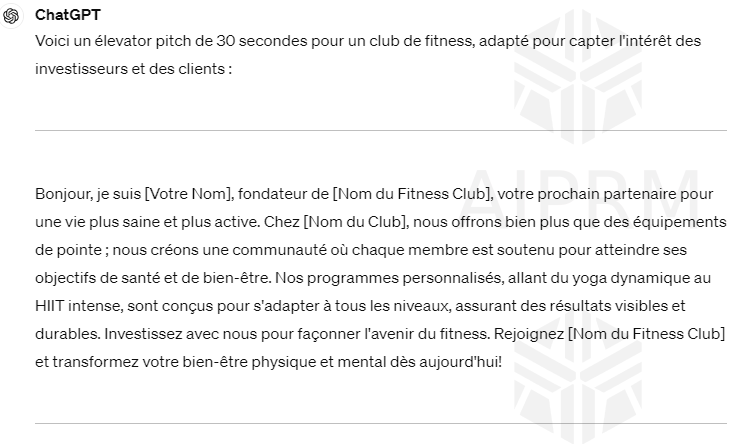 Yann_web3's tweet photo. 🤖 Prompt Tuto

Séduire les investisseurs et clients

Écris-moi un élevator pitch  de 30 secondes pour [entreprise]. 

Entreprise = [Insérer ici] https://t.co/bX2dCC6DPH