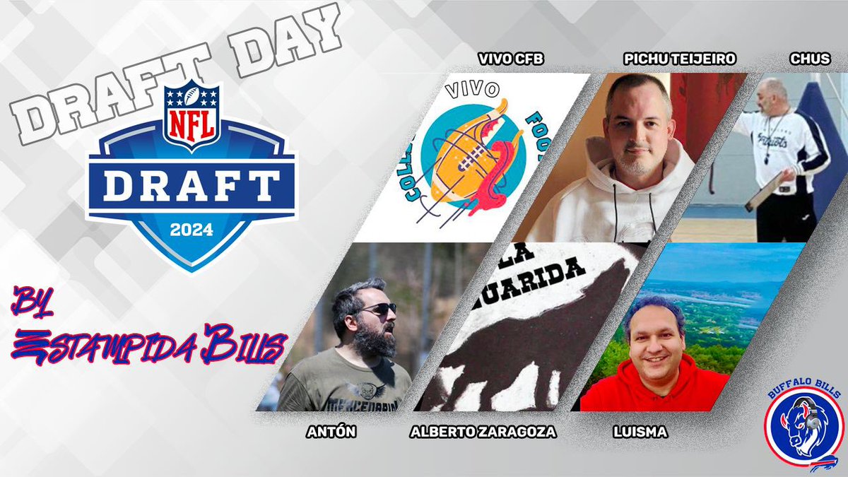 EstampidaBills's tweet photo. Esta madrugada, desde la 1🇪🇸, vive la emoción del #NFLDraft en @EstampidaBills.

Nos acompañarán ilustres invitados: @Albertigues de @LaGuaridaNFL, @PichuTeijeiro de @rugidos_detroit, @Vivo_CFB, @ElchicodelDAI, @LuisMa_80 y @Chusy74 de @PatsESP.

https://t.co/EkOSdMnQyw https://t.co/sgHAO4aQsQ