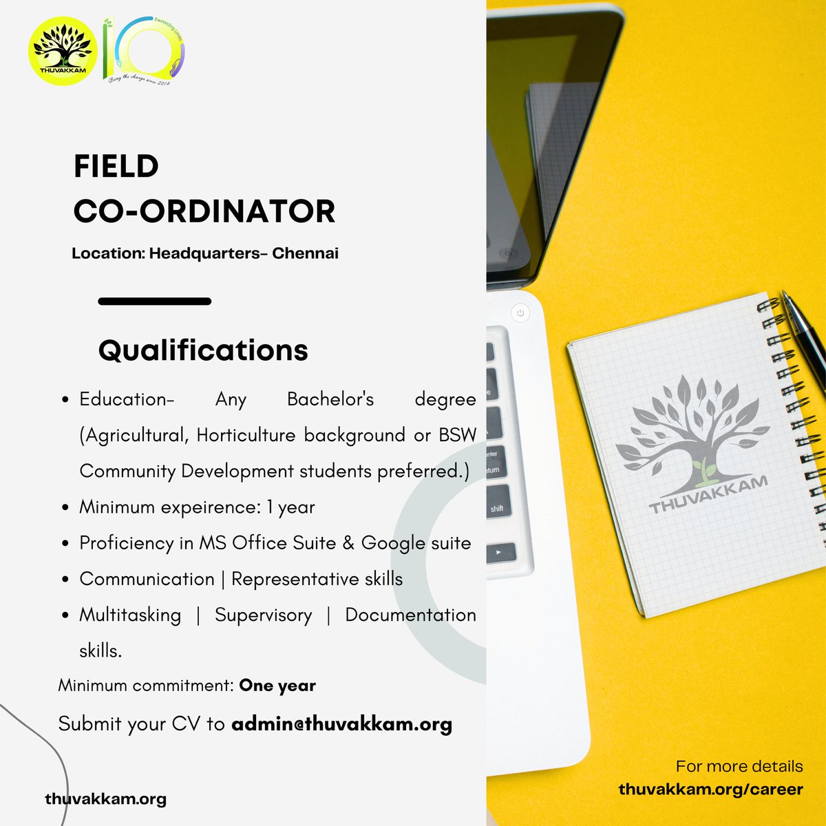 Job vacancy in Thuvakkam. We require a Field Coordinator to join our team immediately. Mail us your resume at mailto:admin@thuvakkam.org

Comment in the post if you are interested!

#jobvacancy #recruitment #thuvakkam #hiringpost #hiring #fieldcoordinator #fc #sitecoordinator