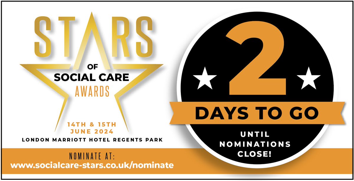 2 DAYS to go before nominations close for 🌟 JOSIE GIBSON’S 🌟 Stars of Social Care Awards! Don’t delay .. get your nominations in at at bit.ly/3iuvXCW A duo of 2 glittering events for the home care & care home sector place 14 & 15 June 2024 #SocialCare