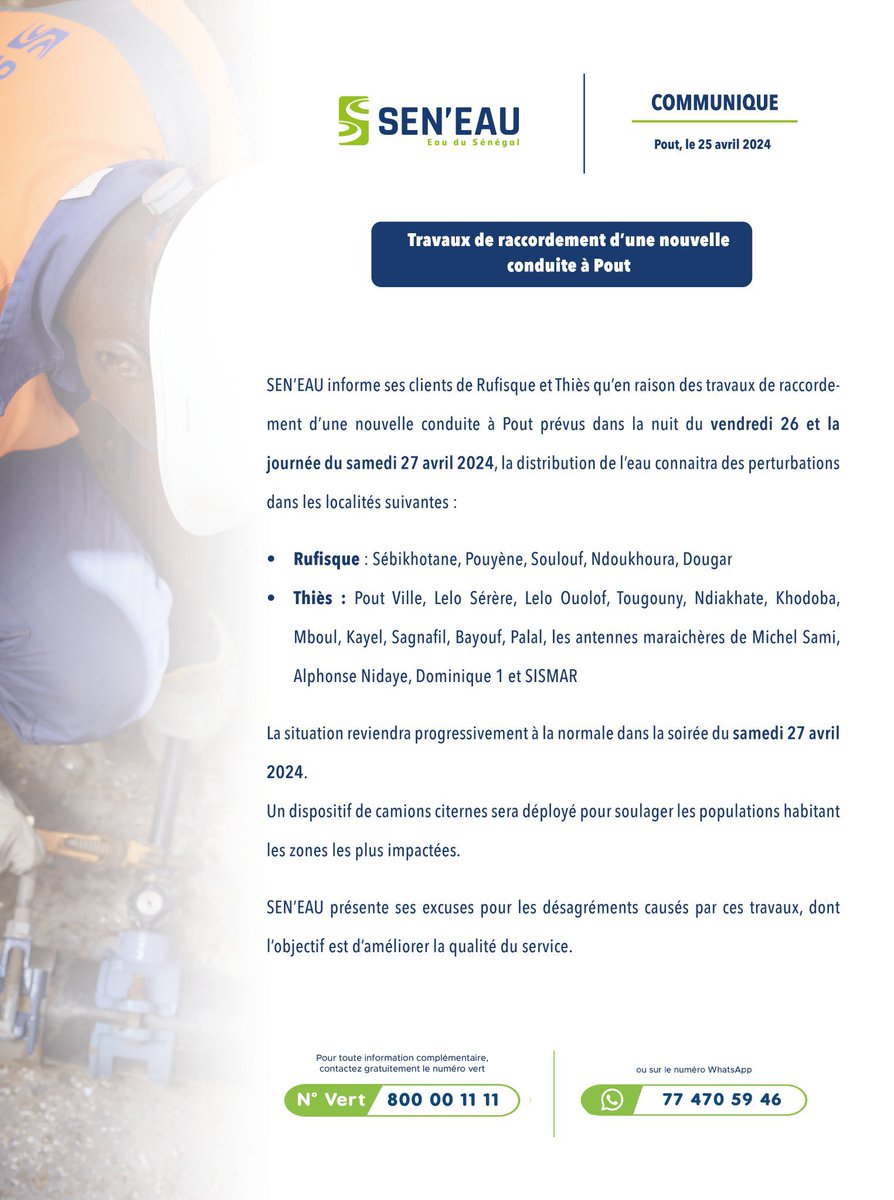CheikhSENE03's tweet photo. Communiqué de SEN’EAU
Info line :
- Numéro vert : 800 00 11 11
- WhatsApp message : 77 470 59 46
#Senegal 
#Kebetu https://t.co/Aj4Po5obQO