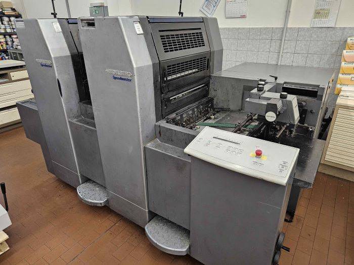 Heidelberg SM 52-2 (opt. NP), straight: straight 2-col. B3 size press, plus-vers. (geared for numbering), CP-Tronic, laser segm. ink. ducts, Alcolor damp. w. refrigeration, Autoplate, autom. washers, powder sprayer Grafix A. 200, extra: N P unit on request dlvr.it/T6038w