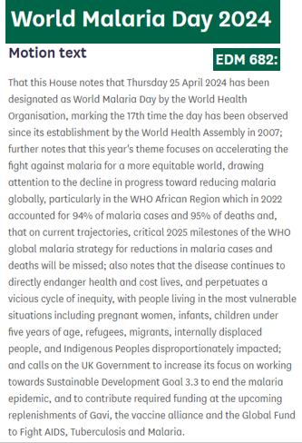 To mark this year's #WorldMalariaDay, @GradySNP has tabled an Early Day Motion (EDM), recognising that progress against malaria is stalling, perpetuating a vicious cycle of inequity, and calling for @FCDOGovUK to increase its focus on working to #EndMalaria @gavi @GlobalFund 👇🦟