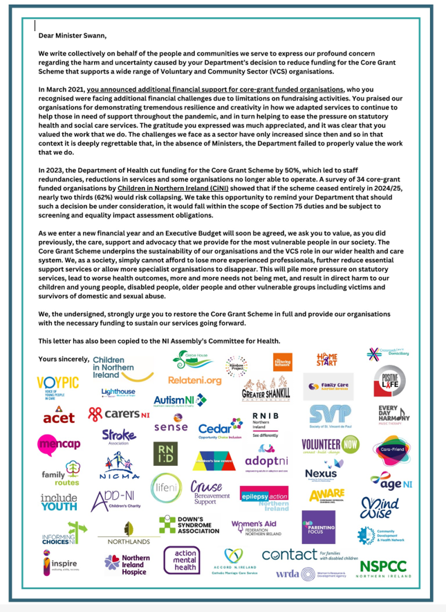 We fully endorse this open letter to the Minister of Health @RobinSwann_MLA and call on <a href="/healthdpt/">Department of Health</a> to urgently #RestoreCore Funding for the Community and Voluntary Sector.  The loss of the scheme will lead to further #healthinequalities in our society.