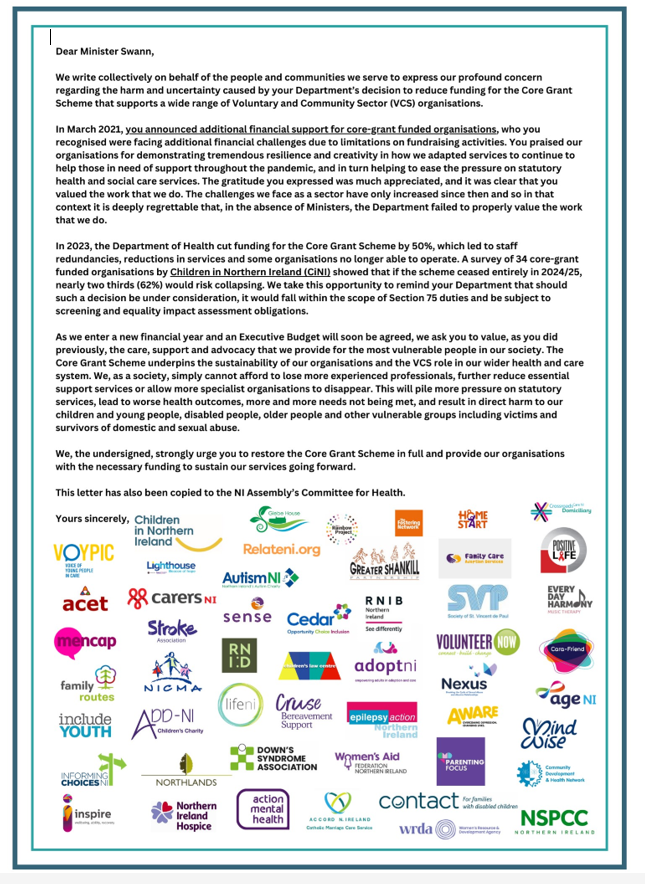 We fully endorse this open letter to the Minister of Health @RobinSwann_MLA and call on @healthdpt to urgently #RestoreCore Funding for the Community and Voluntary Sector. The loss of the scheme will lead to further #healthinequalities in our society.