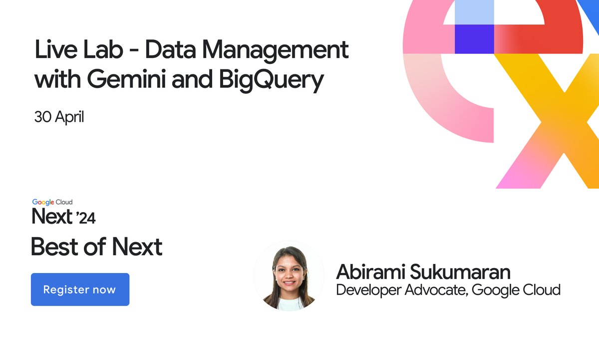 GoogleCloud_IN's tweet photo. #BestOfNext โ24 Live Lab Alert! ๐จ
Dive deeper into some of our most in-demand skill sets in our Data Management with Gemini & BigQuery live lab - perfect for data management devs, engineers & data governance leaders!
Sound like you? Register now! โก๏ธ https://t.co/A9Jk1e8wIW https://t.co/TilNleYLcy