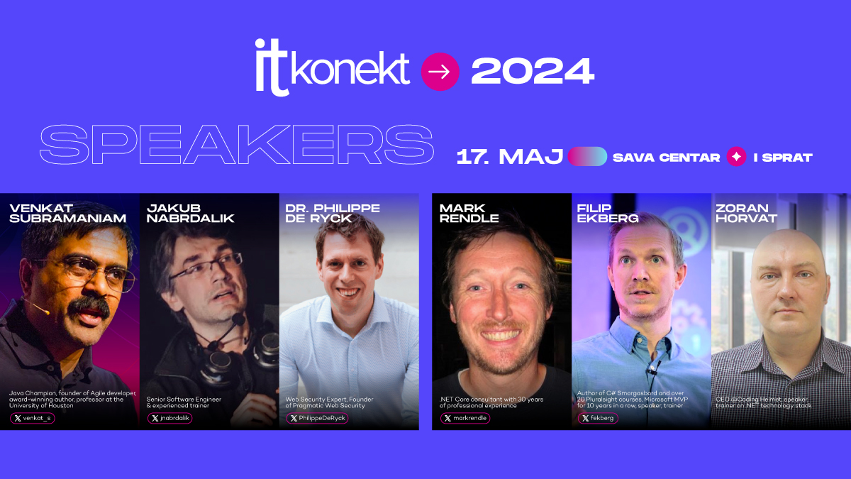 .NET deo na ITkonektu ove godine:
Mark Rendle - Coding for Performance in .NET (2 sata)
Zoran Horvat - Applying Design Patterns in Domain Modeling (3 sata)
Filip Ekberg - Important news in .NET 8 &amp; C# 12 (sat vremena)
17. maj, Sava Centar😊
&gt;&gt; itkonekt.com/itkonekt-eduev…