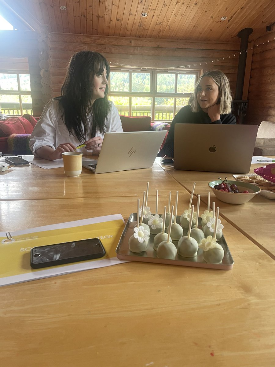 Daisy cake pops keeping the communication’s team fuelled for our #SocialMediaStrategy strategy day in @CancerFundChild Narnia log cabin today 🍭🫶💬