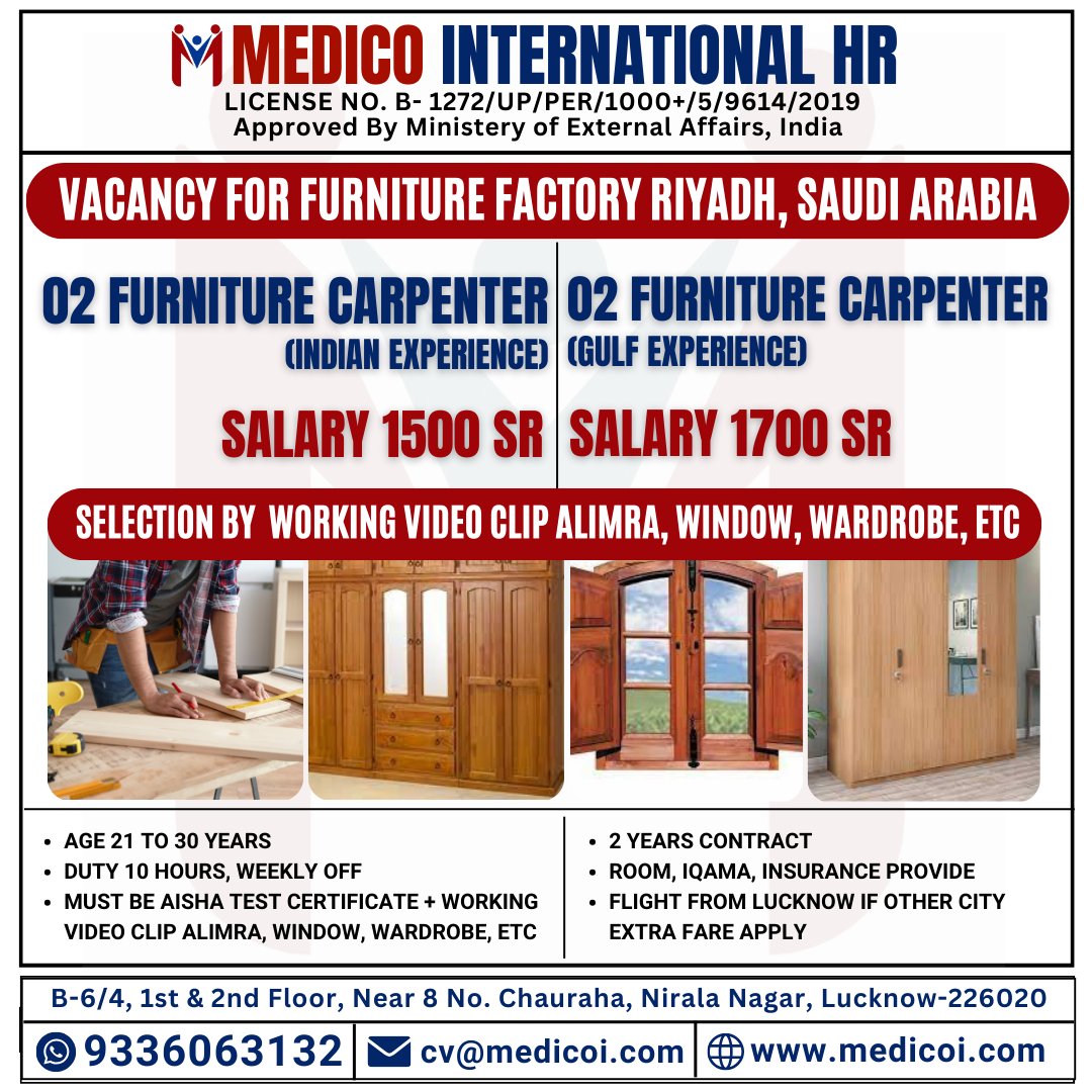 FURNITURE CARPENTER - INDIAN EXPERIENCE and GULF EXPERIENCE

For apply and more information please Call/ WhatsApp us: +91 9336063132

#carpenter #carpentry #woodworking #woodwork #wood #construction #woodworker #design #builder #handmade #tools #diy #interiordesign #carpenterlife