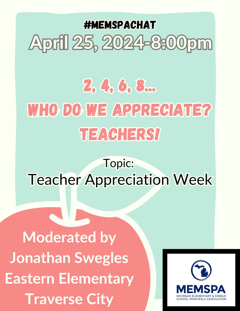 @SweglesJW hosts Teacher Appreciation #MemspaChat tomorrow 8pm EST. #VAESPChat @KbartonKrista @AndrewBuchheit @dcpsmoss @CongerCasey @PrincipalECos @AknightApril @MHawley_3 @_ALarsen @wadewhitehead @MoniqueWatford @LucasDeLores @GinnyGills