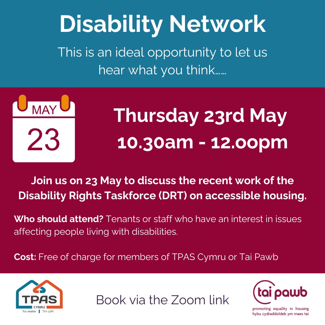 Join us to discuss the recent work of the Disability Rights Taskforce (DRT) on accessible housing. For tenants or staff with an interest in issues affecting people living with disabilities. Free for members of @TPASCymru or Tai Pawb Book your place: ow.ly/BrlV50Rmkos