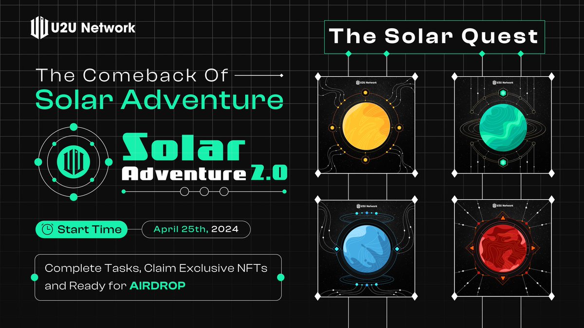 The comeback of Solar Adventure: Valuable NFTs Await! 🚀 🔥 Complete Tasks, Claim Exclusive NFTs and Ready for AIRDROP 💥 Solar Adventure is now coming back with a better version, Solar Adventure 2.0, starting with U2Quest - A dynamic hub where you can explore projects…