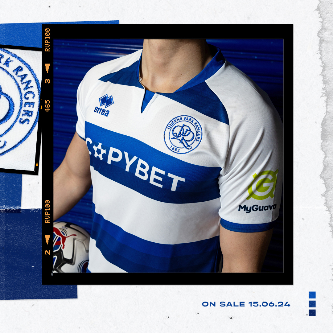 QPR's tweet photo. A 𝗕𝗢𝗟𝗗 look for a brand new campaign 🔥

Our 2024/25 home kit ready for our final home game of the 2023/24 season ⏩

Feat. new front-of-shirt sponsor CopyBet 🤝

Available to register for now before going on sale in June 🛍

@ErreaOfficial x @CopyBetUK_IRE