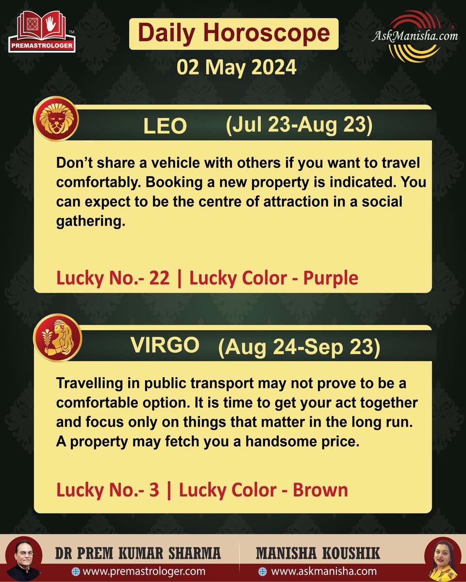 Daily Horoscope for 2nd May' 2024

#Aries #Taurus #Gemini #Cancer #Leo #Virgo #Dailyhoroscope

To check your sign pls click the link below:
premastrologer.com/daily-forecast…

For personal consultation at +919216141456