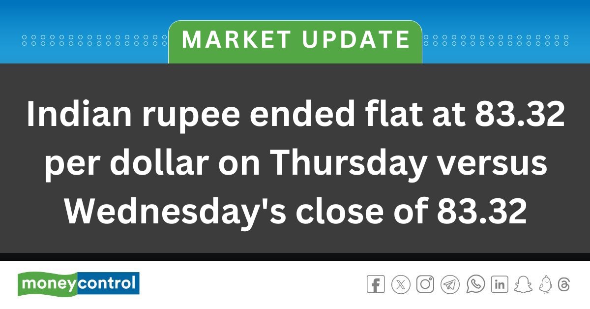 #RupeeAtClose | Indian rupee ended flat at 83.32 per dollar on Thursday versus Wednesday's close of 83.32.

#Rupee #Dollar #RupeeVsDollar