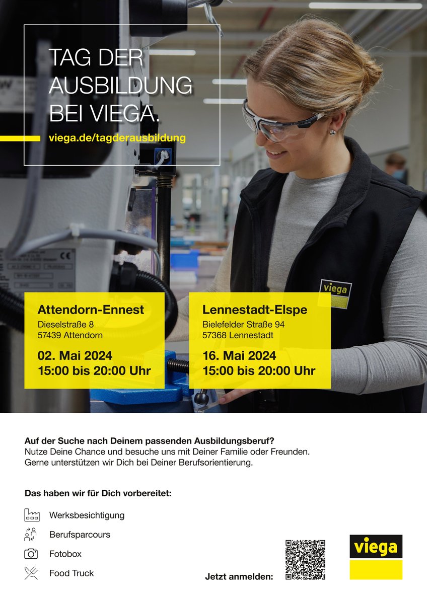 Das Unternehmen #Viega lädt am Donnerstag, 2. Mai 2024, von 15 bis 20 Uhr zum „Tag der Ausbildung“ in seinen Unternehmensstandort #Attendorn-Ennest ein. Zwei Wochen später gibt es das Event auch am Standort Lennestadt-Elspe.
