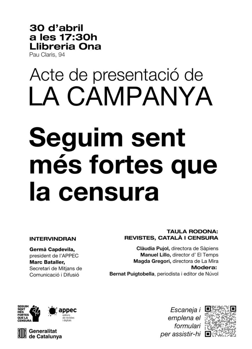 El dia 30 presentem la segona etapa de la campanya de @revistesAPPEC contra la censura i a favor de la llengua i la cultura, a la @OnaLlibres de Barcelona. Us hi esperem per demostrar un cop més que som #mesfortesquelacensura noalacensura.cat