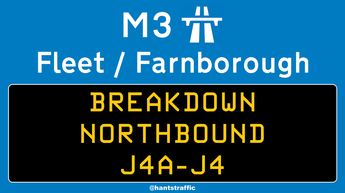 #M3 Northbound - one lane BLOCKED between 
J4A/A327 #Fleet and J4/#A331 #Farnborough due to a broken down vehicle, short delays.