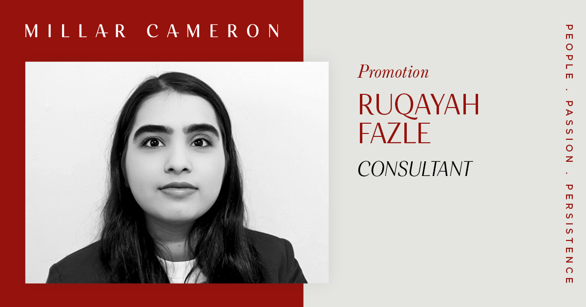 We are thrilled to announce the promotion of Ruqayah Fazle to Delivery Consultant at Millar Cameron! Congratulations, Ruqayah, on your well-deserved promotion, your future is bright. #MillarCameron #Leadership #ExecutiveSearch