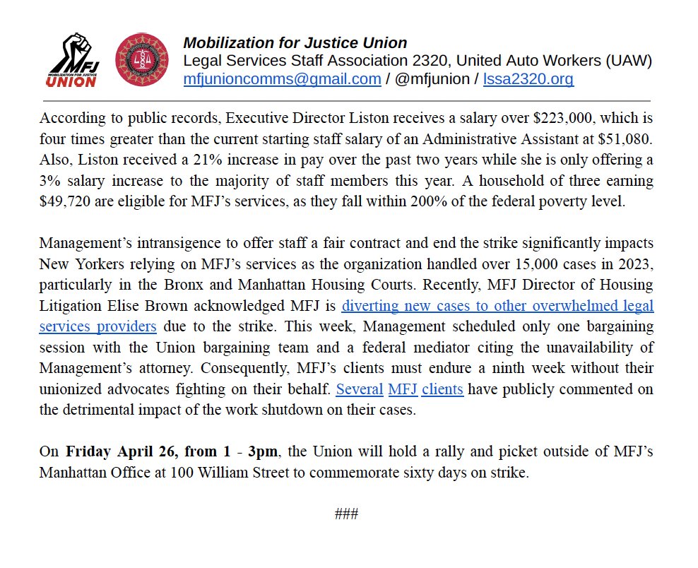 📣📣OUR WEEK 9 PRESS RELEASE: Legal Workers Fight for @MFJLegal's Legacy of Quality Advocacy As Strike Hits 2-Month Mark Ongoing Deadlock Underscores Broader Issues of Accountability and Leadership Within Mobilization For Justice - 🧵