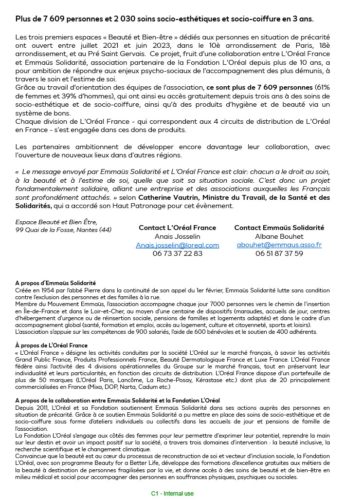 #Newsromm | Emmaüs Solidarité, Les Eaux Vives et L’Oréal France ouvrent un 4ème espace solidaire « Beauté et Bien-être » à Nantes.  

En 3 ans, ces espaces ont déjà bénéficié à plus de 7 600 personnes et réalisé plus de 2 000 soins.

Lire le communiqué de presse 👇