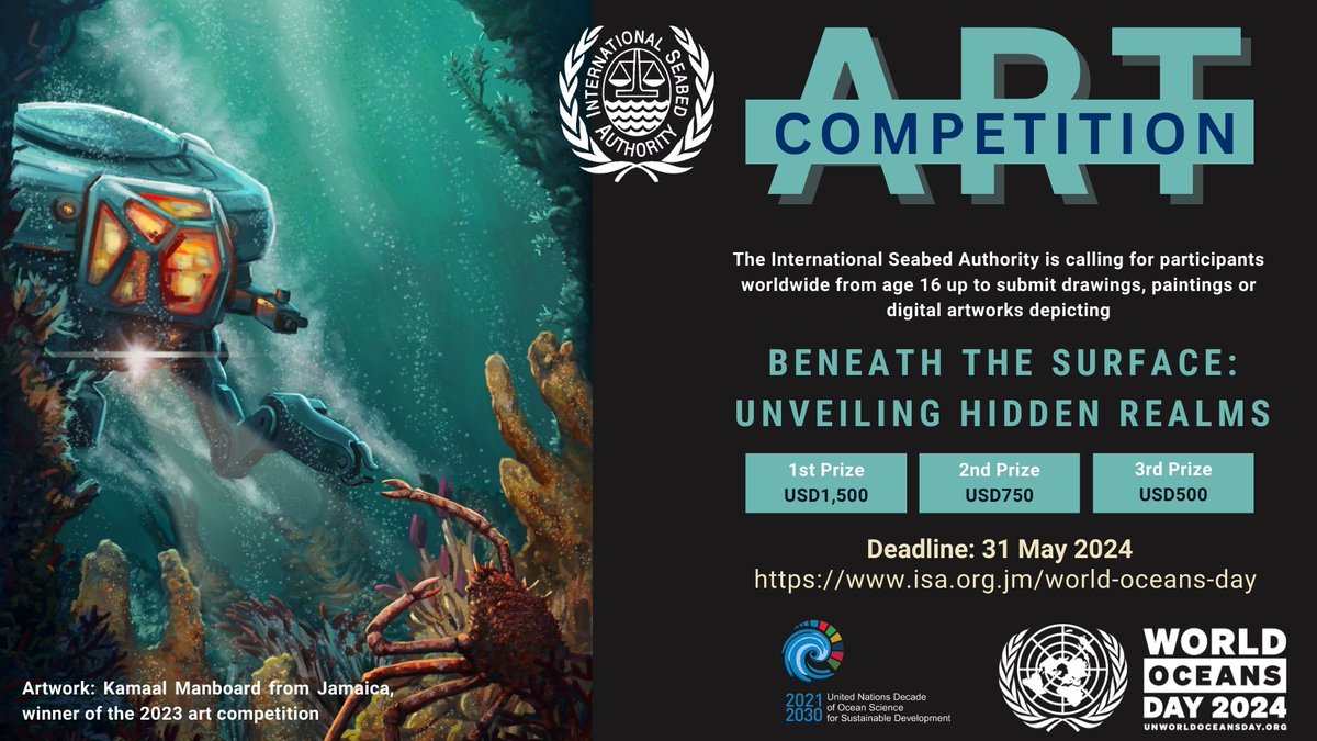 🎨🌊 ISA is launching two art competitions to celebrate #WorldOceansDay!  

For details: isa.org.jm/news/isa-launc…

#ISA #DeepSeaArt #WorldOceansDay #DigitalArt #WOD2024