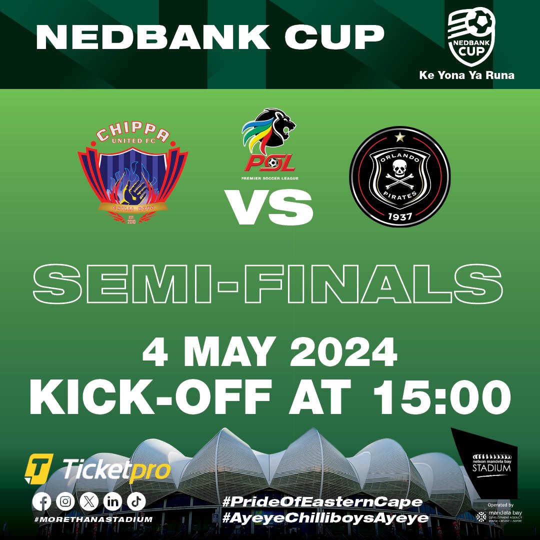 Friends of the stadium are you ready for the Nedbank Cup Semi-Final? 😁 We are bringing you pure entertainment💃🏻 ⚽️ Chippa United Vs Orlando Pirates 🎟️ ticketpros.co.za/portal/web/ind… TicketPro Outlets: Spar, Caltex, Shell, Sasol, BP and Total. #ourstadium #NedbankCup #Gqeberha