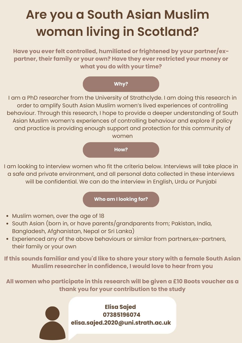 Are you a South Asian Muslim woman living in Scotland? Have you ever felt controlled, humiliated, or frightened by your partner/ex-partner, their family, or your own? Have they ever restricted your money or what you do with your time? 👇🏽