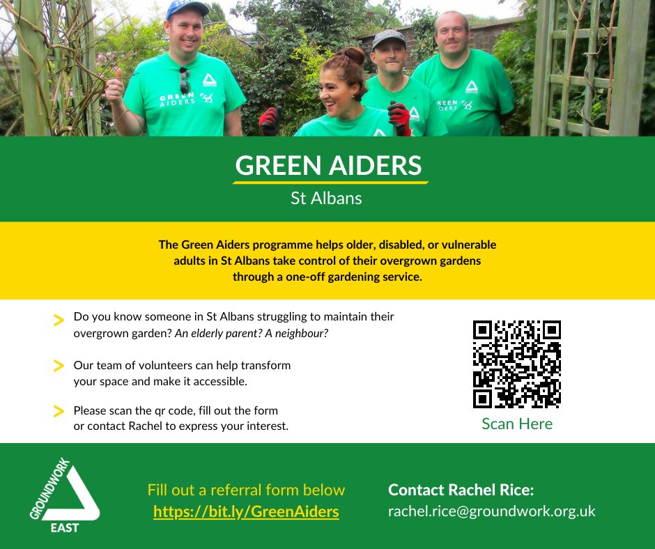 St Albans, we're here to help 💪 Our Green Aiders project helps vulnerable residents get on top of their overgrown garden. Fill out a referral form using the link and we will be in touch bit.ly/4aR0y3E Contact rachel.rice@groundwork.org.uk to find out more.