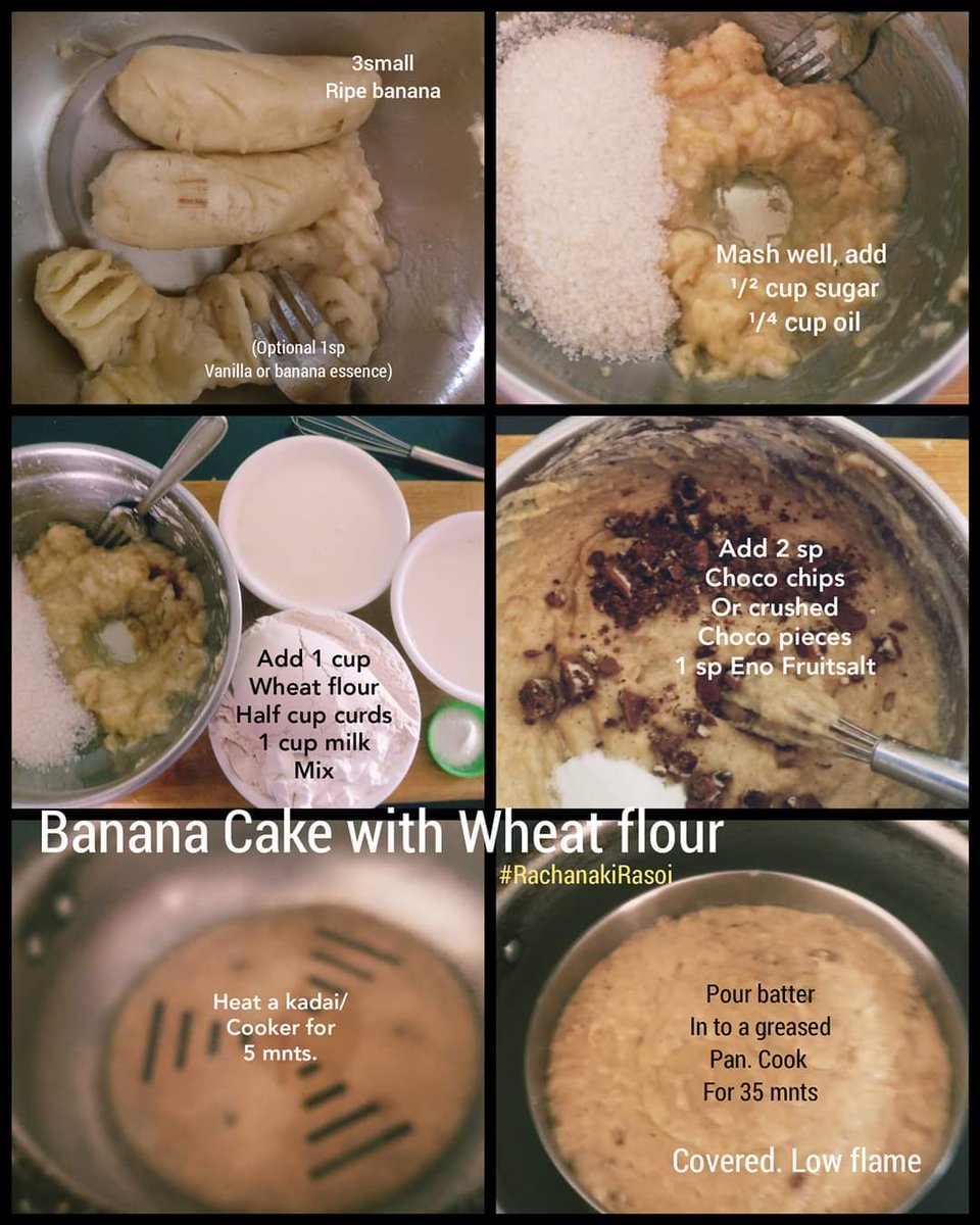 #NoOven #NoMaida #NoEggs
Due to heat, bananas ripens fast and are turning black. Kids refuse to eat those. Can't afford to throw out any food, ryt!
Tried this fab &simple BANANA WHEAT CAKE recipe.  Simple steps, explained in pic 2 ! Smells Heavenly 
#Rachpix