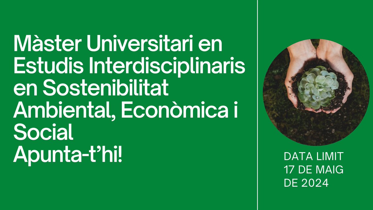 Vols cursar el màster en Estudis Interdisciplinaris en Sostenibilitat Ambiental, Econòmica i Social?
Afanya’t i fes la preinscripció a l'enllaç fins al 17 de maig!
shorturl.at/swMU3 
#UAB #Uaber #Cienciesuab