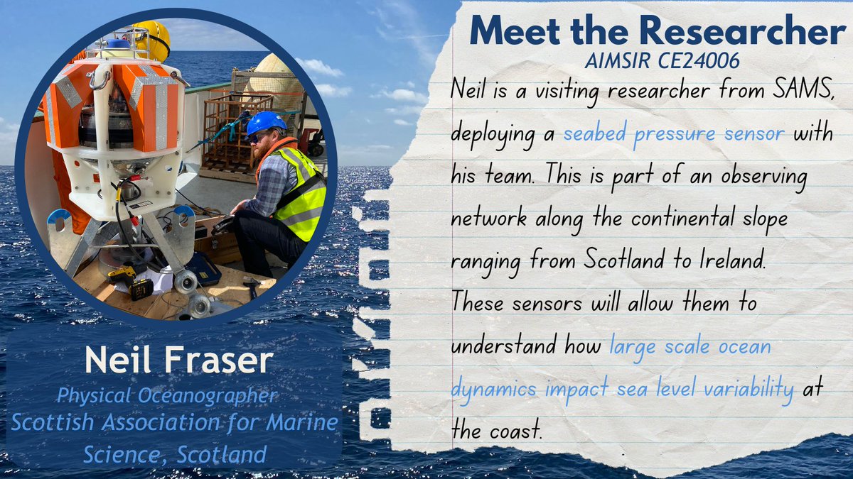 Neil is a visiting researcher from @SAMSoceannews who, together with his colleague @lewisdrysdale, is deploying a seabed pressure sensor on the Rockall Trough slope for long-term monitoring. Join us as for another #MeettheResearcher on @MarineInst #AIMSIR survey!