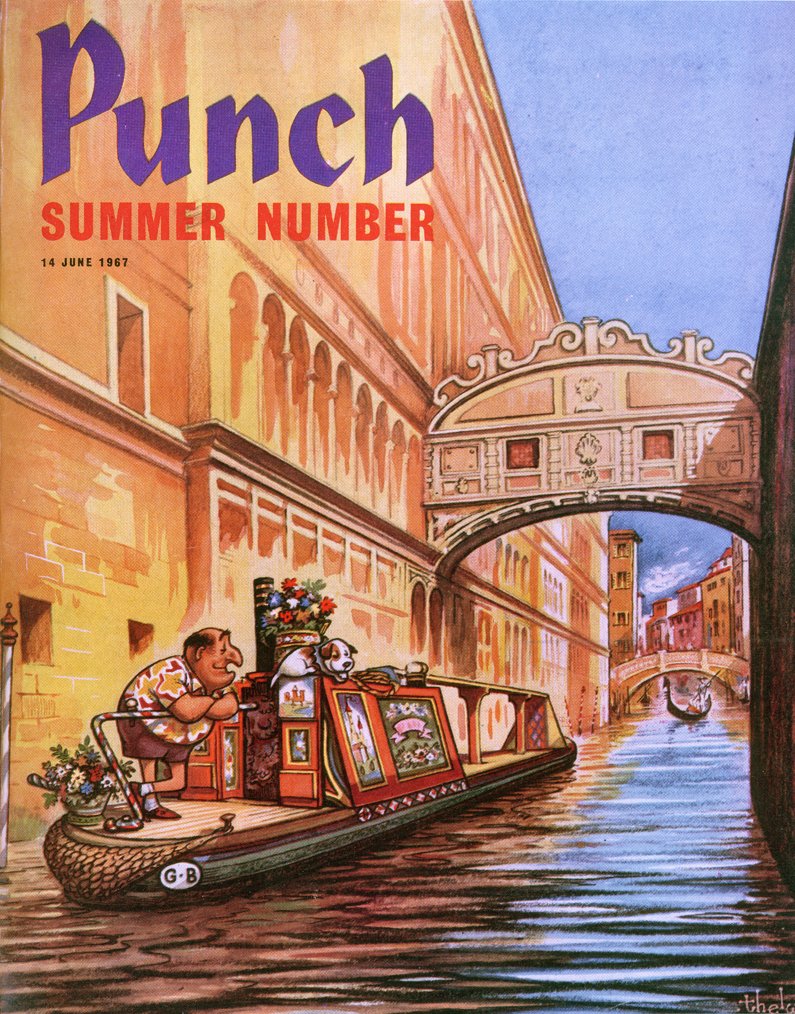 Today's PUNCH colour cover. Will he be charged? Norman Thelwell 1967 #Venice #Italy #canals #canalboat #narrowboat #boats #gondolas #water #tourists #tourism