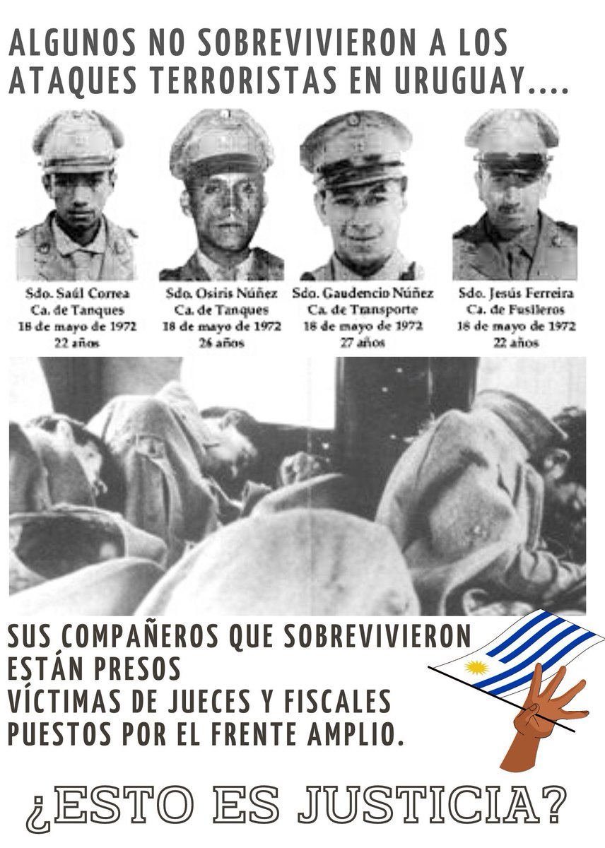 @ElInformante_1 @ESPACIOCUARENTA @ines_monzillo Murieron los altos mandos y quedan los que tenían 20 años en el '73 presos de los políticos que NO RESPETAN la VOLUNTAD POPULAR expresada en dos dos ocasiones. Mientras tanto en Europa tenemos a los tupamaros que se fugaron SIN CUMPLIR PENA disfrutando USD 1.600 x mes.