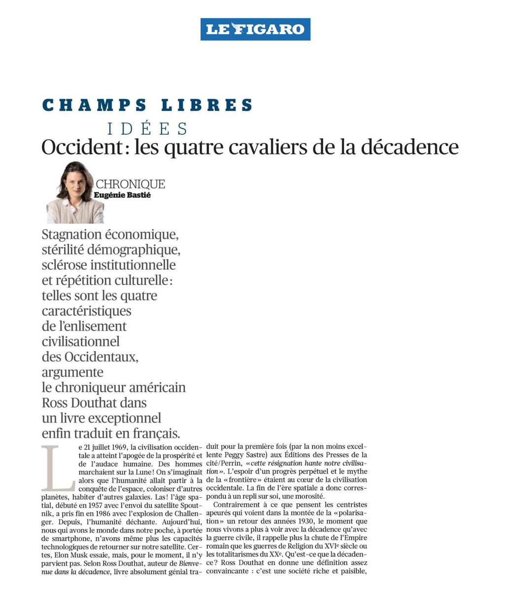 PressesdelaCite's tweet photo. « Bienvenue dans la décadence » de Ross Douthat est dans @Le_Figaro🗞️

" Un livre exceptionnel" @EugenieBastie 

Disponible en librairie ! 📚 https://t.co/Lis32yIaRi