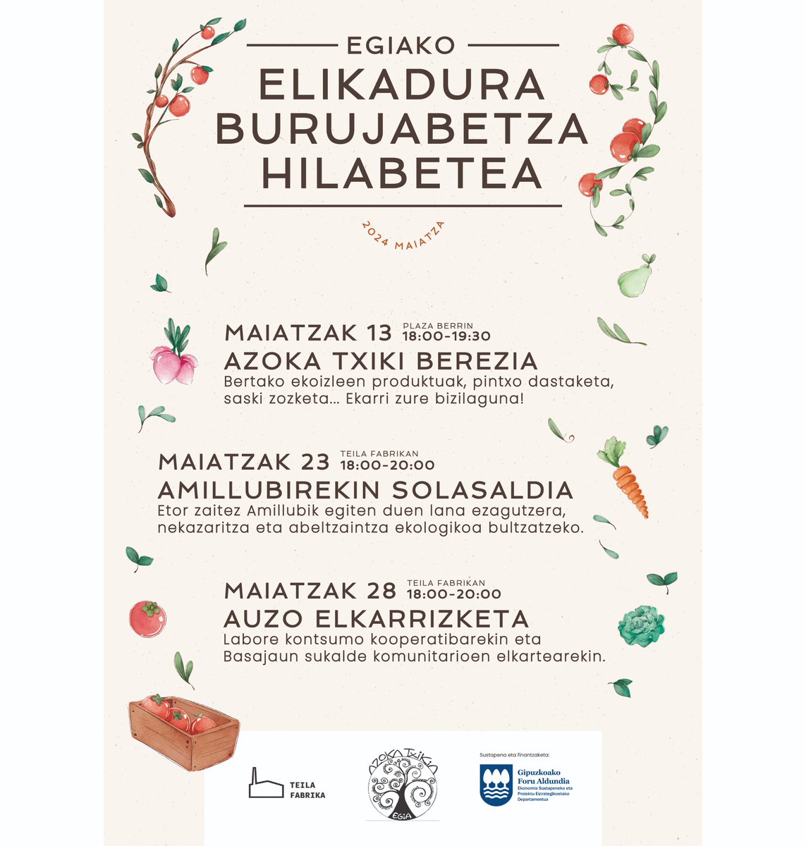 🍏🥕EGIAKO ELIKADURA BURUJABETZA HILABETEA🥖🥬izango da maiatza! Teila Fabrika, Azoka Txikia, Farapi eta auzotarren artean antolatzen ari garen ekimena dela eta.

@farapi #egiakoazokatxikia @amillubi @bdskoop <a href="/laboretxingudi/">Labore Txingudi</a> @basajaunelkartea #elikaduraburujabetza