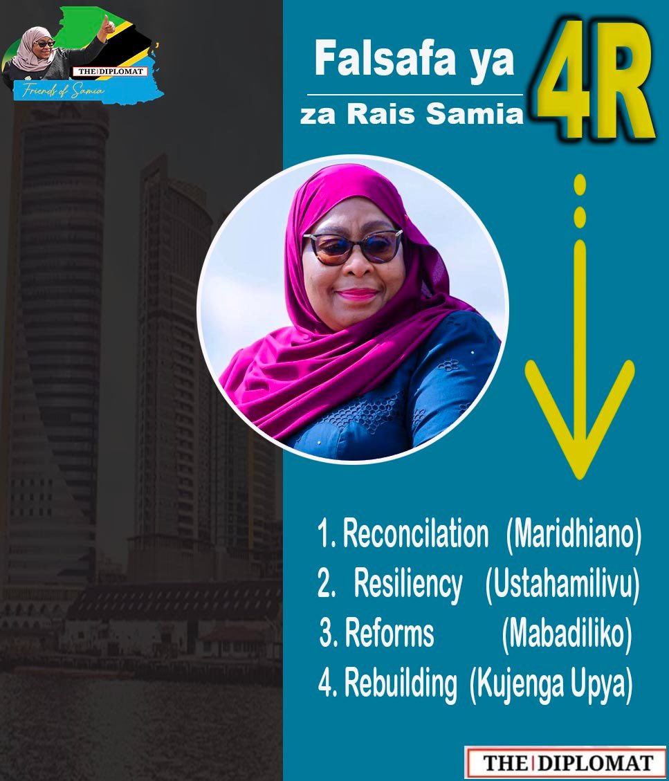 📌 Falsafa ya 4R Za Rais @SuluhuSamia • Reconcilation (Maridhiano) • Resiliency (Ustahamilivu) • Reforms (Mabadiliko) • Rebuilding (Kujenga Upya)