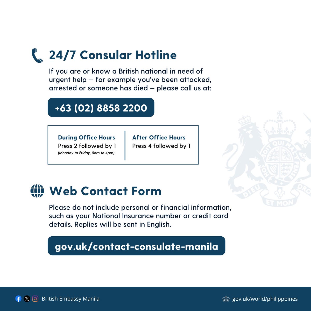 #DidUKnow that you can contact us for consular assistance 24/7 📞 If you are or know a British national in need of urgent help, please call +(63) 02-8858-2200 If your enquiry is less urgent, you can contact us via our online web form ➡️ gov.uk/contact-consul…