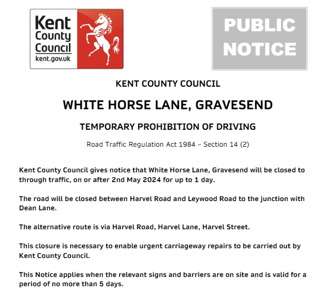 Meopham, White Horse Lane: Road closed 2nd May for 1 day to allow for @KentHighways carriageway repair works: moorl.uk/?rigf9e