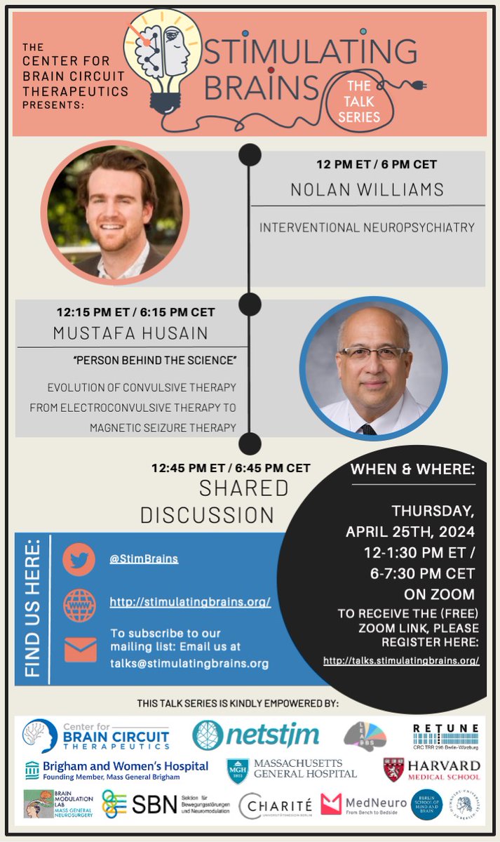 🥁 Happening TODAY!! Don't miss out on the fantastic @NolanRyWilliams & Mustafa Husain teaching us inspiring new things about brain stimulation – from ECT to TMS & magnetic seizure therapy!🧠⚡️ 📅 Today, April 25 🕛 Noon ET / 6PM CET 📍Zoom link via: talks.stimulatingbrains.org