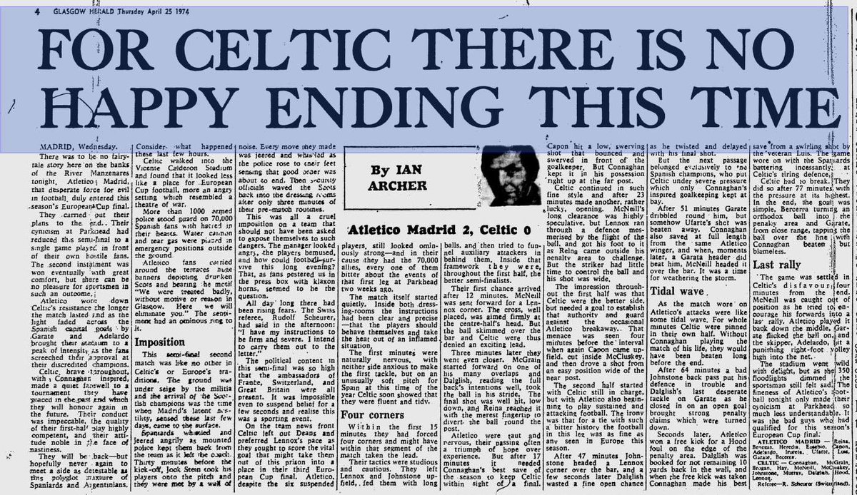 Thursday 25th April 1974
Match report on last night’s European Cup match in Madrid, from the Glasgow Herald