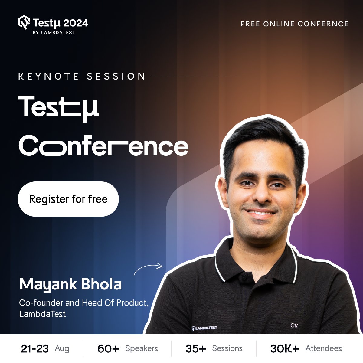 Introducing <a href="/Mayankbhola/">Mayank Bhola</a> , Co-Founder and Head Of Product, LambdaTest, as the keynote speaker at the #TestMuConf 2024 🔗 bit.ly/testmuconf_2024

With his visionary leadership in engineering and product development, Mayank has been instrumental in driving LambdaTest to achieve