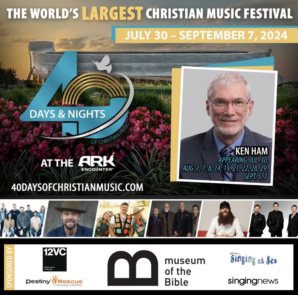 Once again this year the world's largest Christian Music Festival will be at the @ArkEncounter and @CreationMuseum. We call it 40/40 as there are 40 days of concerts at the Ark and on select days at the Creation Museum. Look at the lineup of artists coming! Amazing. These