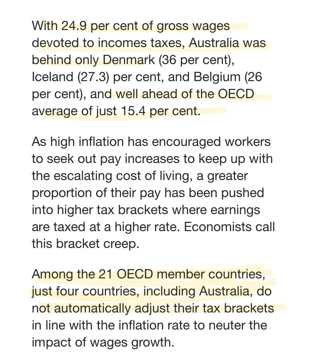 Interesting facts: - One of only 4 OECD countries not indexing brackets - 60% higher tax burden on gross wages v OECD average. - add that to record mining sector tax revenues and Chalmers is swimming in cash.