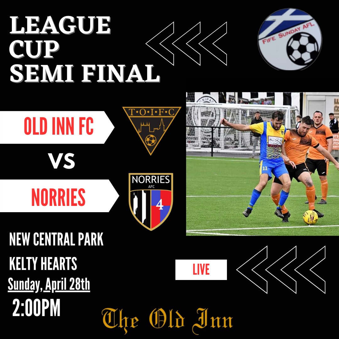 Oldinnfc's tweet image. ⚽️League cup semi final⚽️

This Sunday the lads are in action against @NorriesAFC in the semi final of the league cup for a chance to get to both of the domestic cup finals. The game will be played at new central park home of @KeltyHeartsFC

Get along and support the lads ⚽️🖤🤍