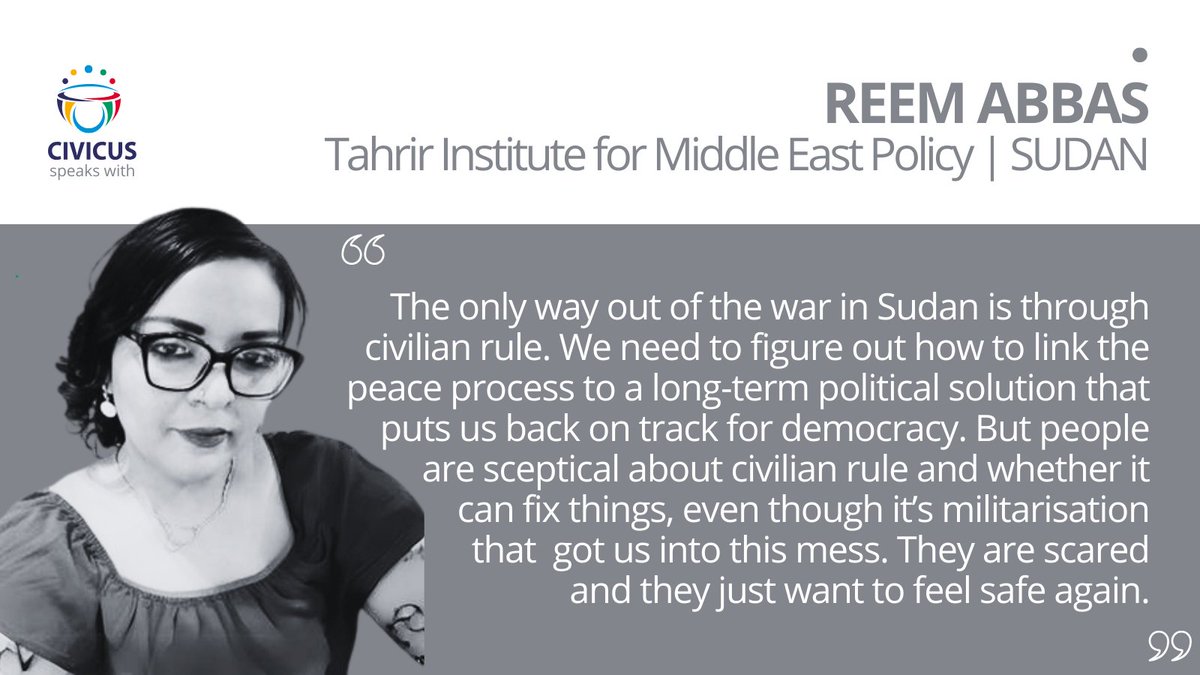 🇸🇩CIVICUS speaks about the war in Sudan and its repercussions for women and civil society with @ReemWrites, a Sudanese feminist activist, writer and fellow at @TimepDC
🔗 web.civicus.org/Reem-Abbas 
#CIVICUSLens @tekaldas @maitelsadany